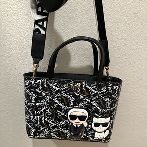 Designer-Inspired Black Graphic Tote Bag with Character Patch